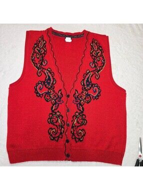 Vintage 90s Panther Sweater Vest L Red Embroidered Paisley Knit Grandmacore